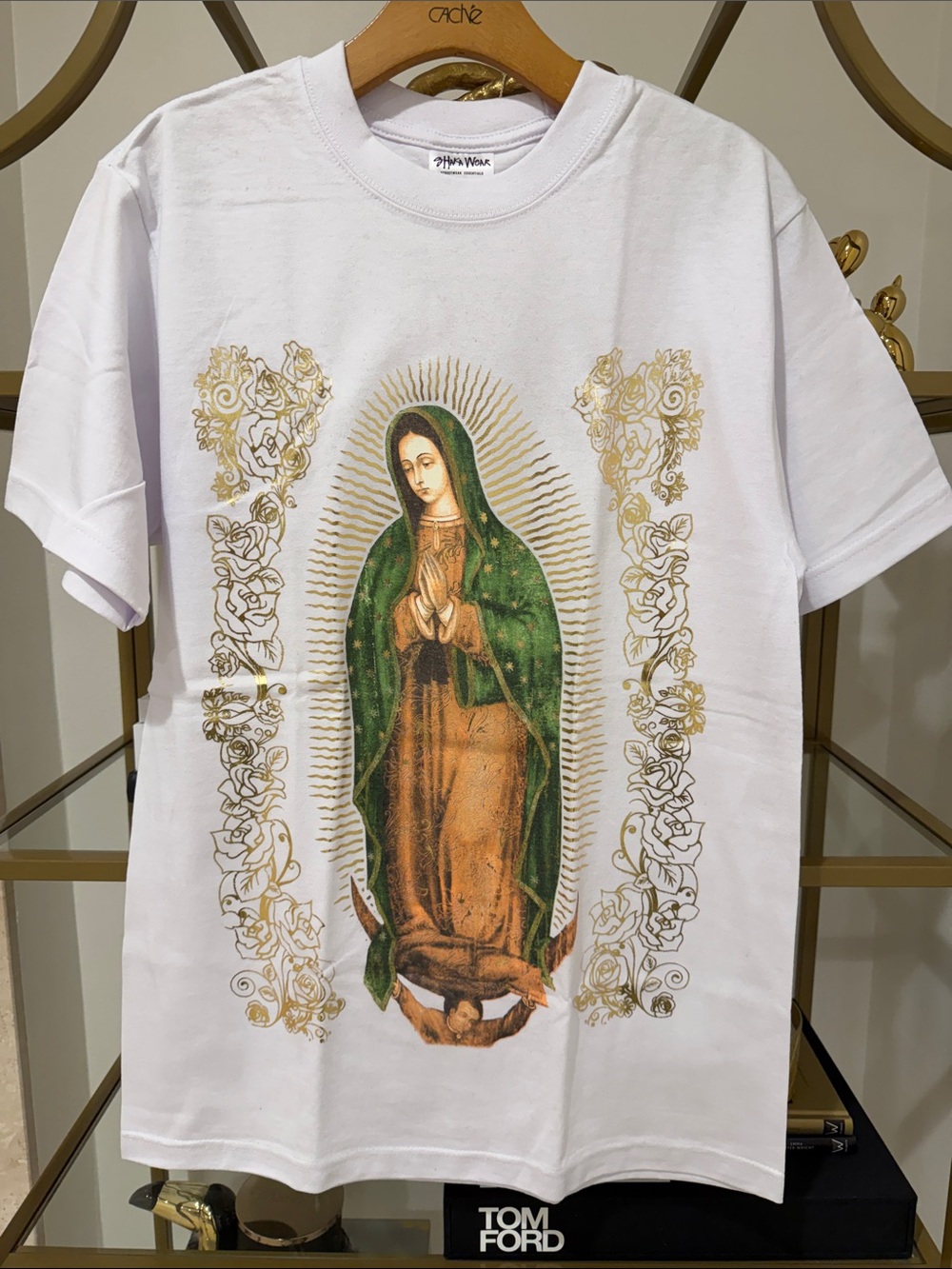 White Graphic Short Sleeve Tee with Green & Gold Religious Motif